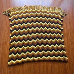 Vintage Afghan Blanket 70’s Throw granny-core Chevron Crochet Yellow Brown MCM
